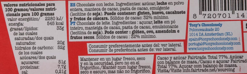 Chocolatina de chocolate con leche Tony's Chocoloney 50 g 