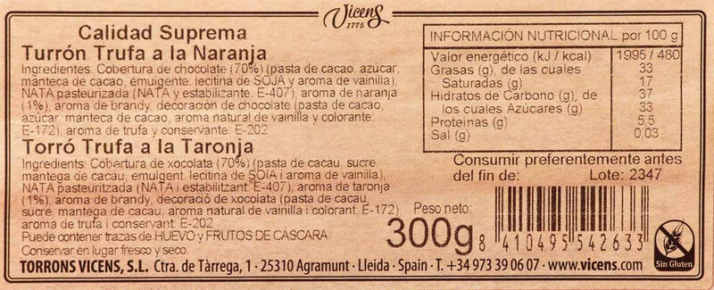 Torró de trufa a la taronja Vicens 300g 
