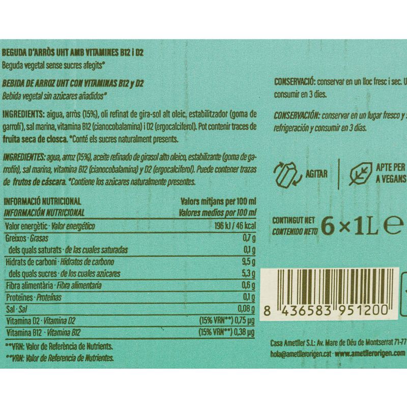 Bebida de arroz con calcio Ametller Origen 1l - caja 6uds 