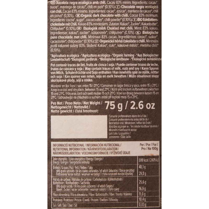 Chocolate negro Perú 83% con chili ecológico Blanxart 75g