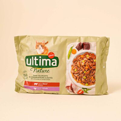 Comida húmeda para gato con buey Ultima 85g - 4uds. 