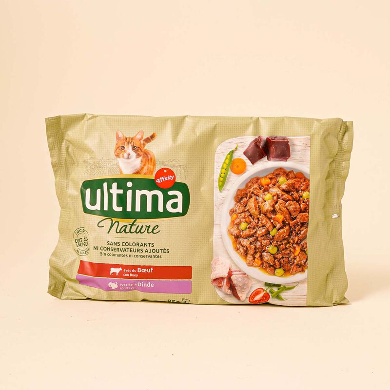 Comida húmeda para gato con buey Ultima 85g - 4uds.
