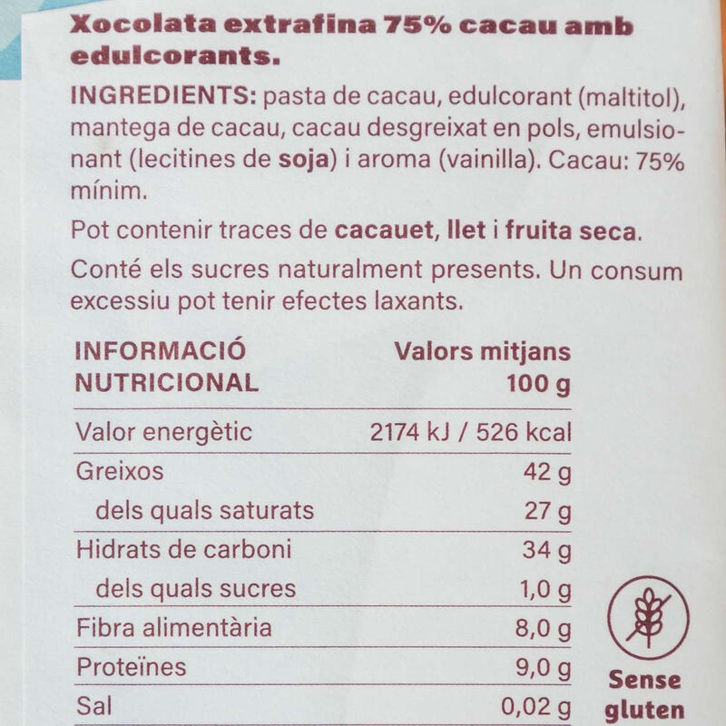 Chocolate negro 75% cacao sin azúcar ka·kaw 85 g