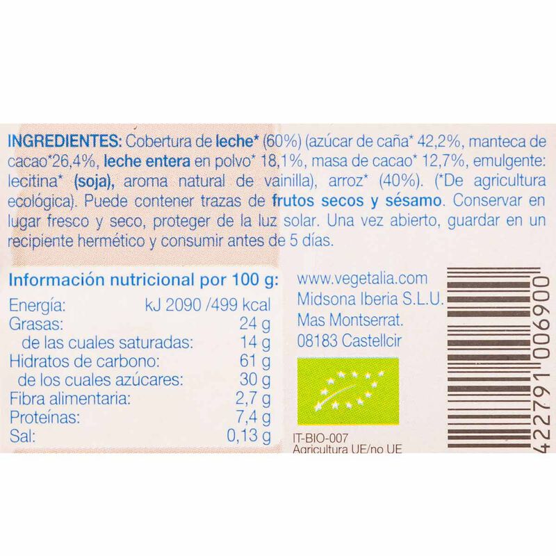 Coquetes d'arròs xocolata amb llet Vegetalia 100g 