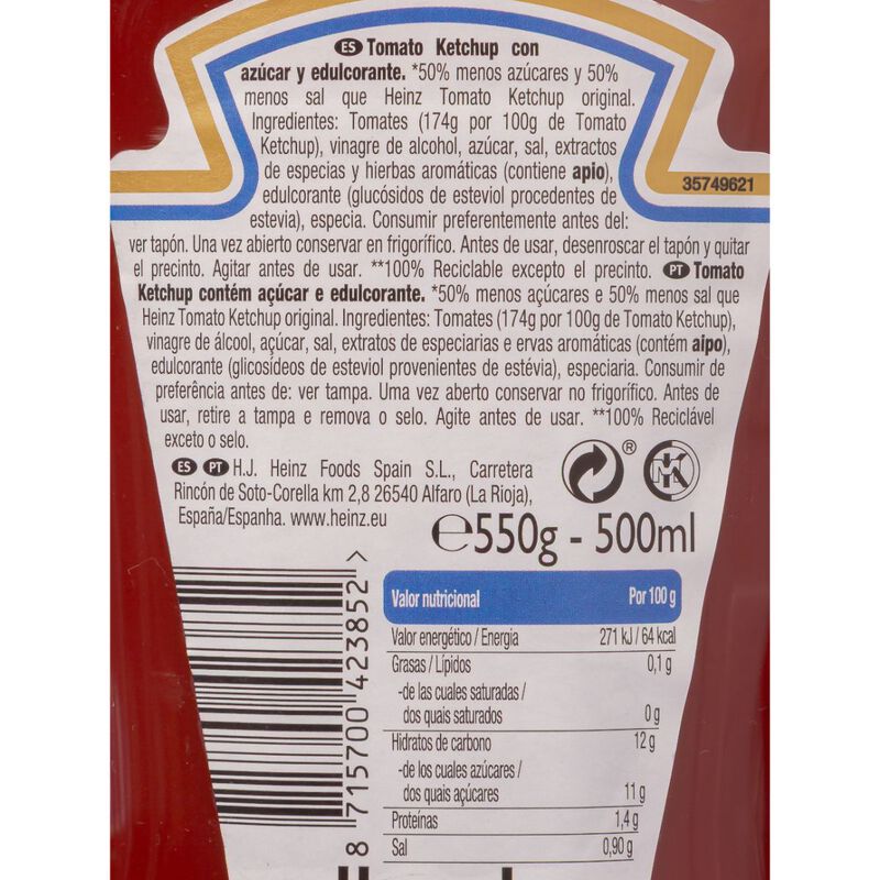 Ketchup cero sin azúcar y sin sal Heinz 425g 