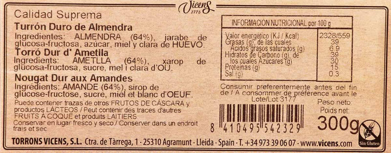 Torró dur d'ametlla Torrons Vicens 300g