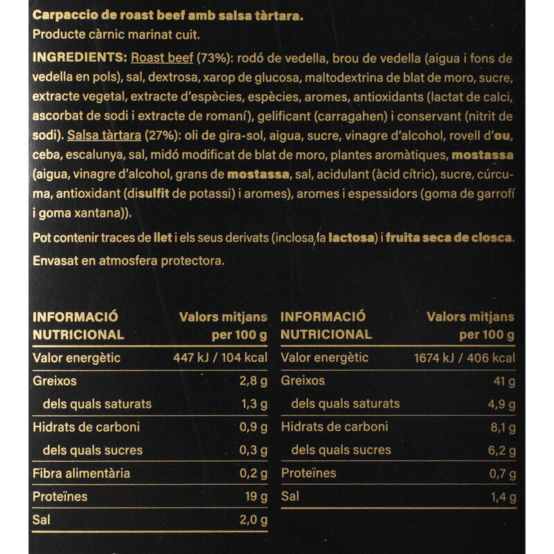 Carpaccio de roast beef amb salsa tàrtara Ametller Origen 110g 