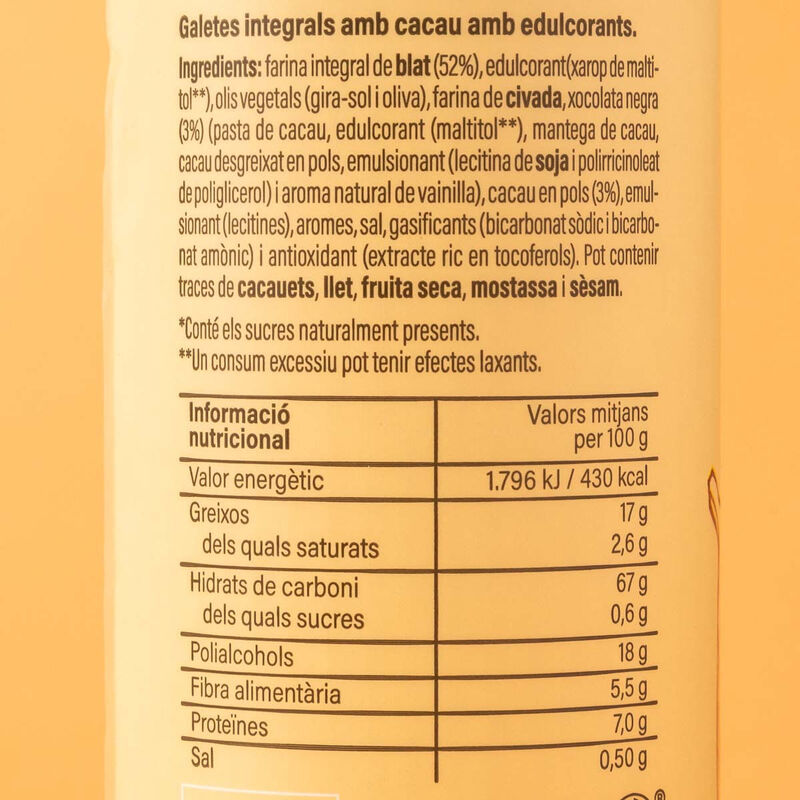 Galetes integrals de cacau 0% sucres afegits Ametller Origen 200 g 