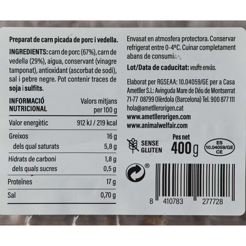 Preparat carn de porc i vedella Ametller Origen 400g