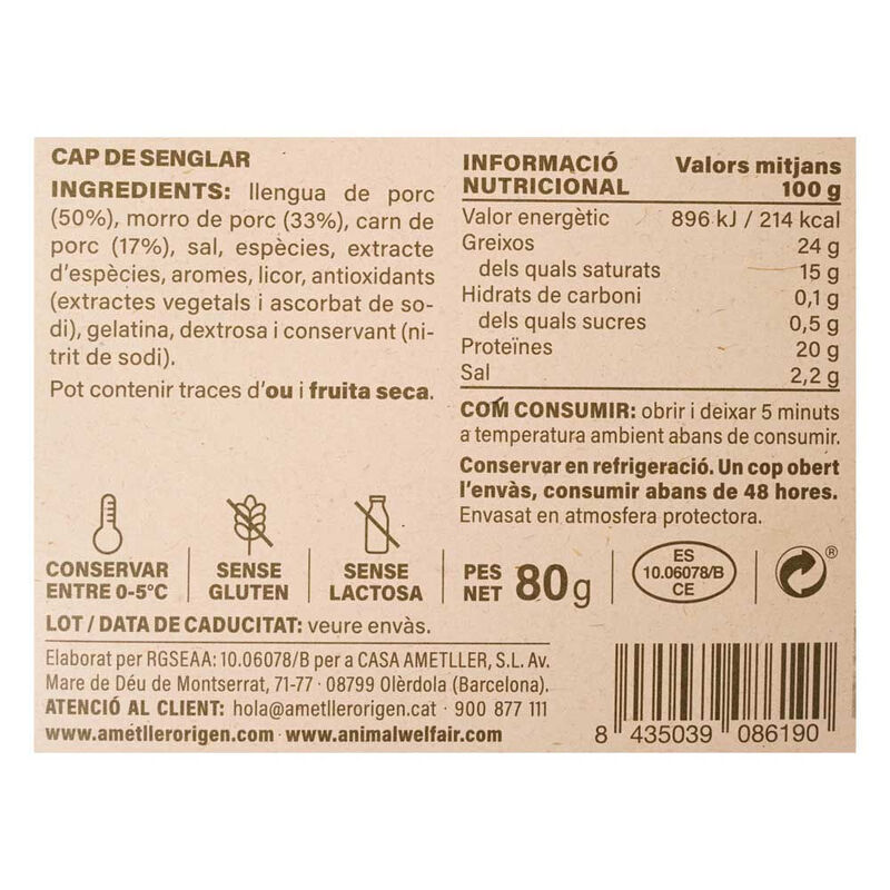 Cap de senglar tallat al dia Ametller Origen 80g
