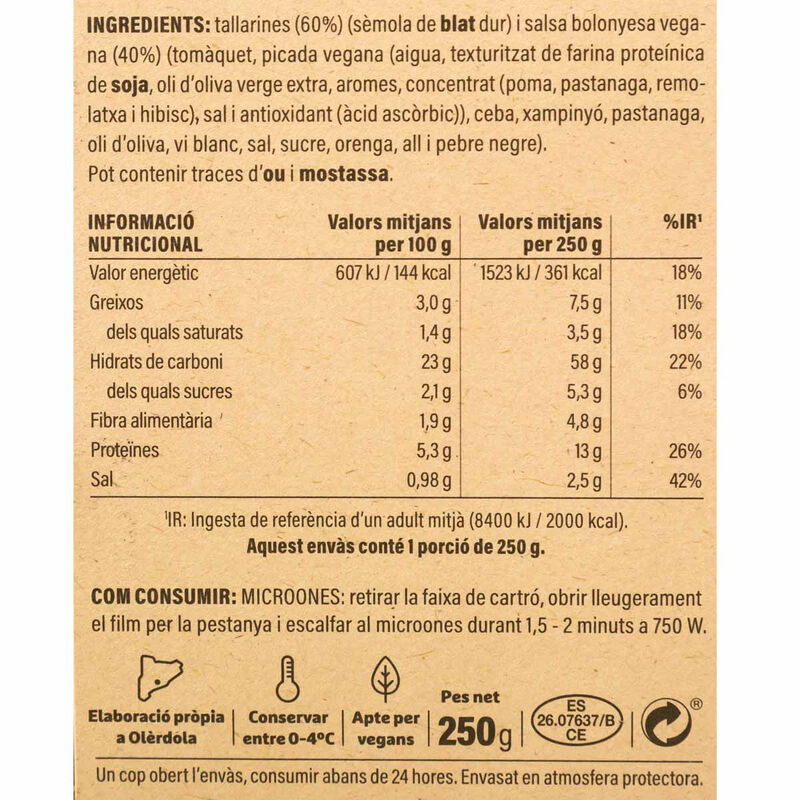 Tallarines a la bolonyesa vegana Ametller Origen 250 g 