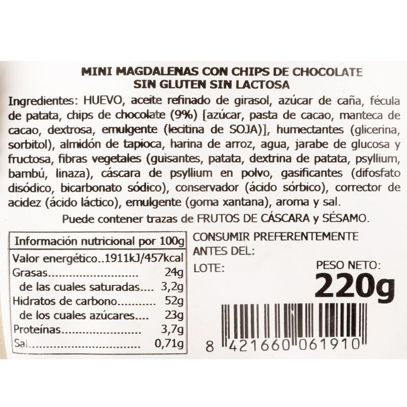 Magdalenes mini amb xips de xocolata sense gluten i sense lactosa La Granja 220g 