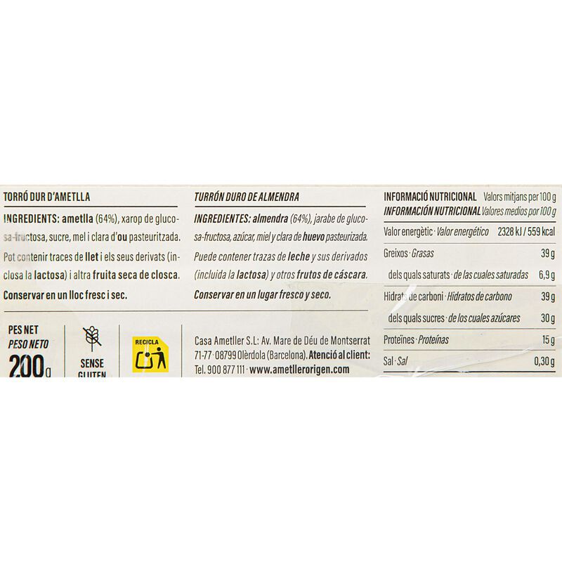 Torró dur d'Ametlla Ametller Origen 200g