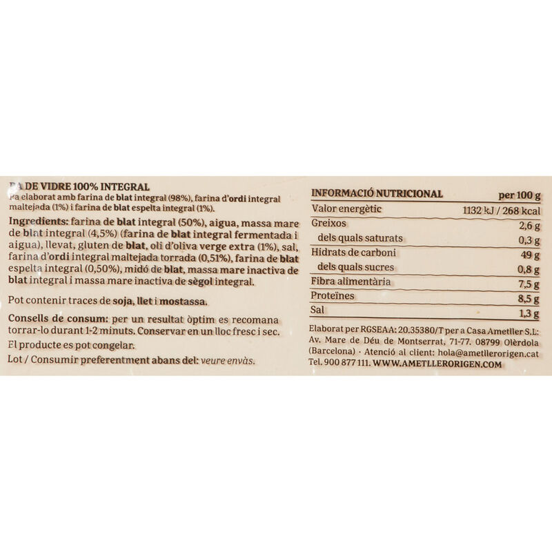 Pan de vidrio integral 100% Ametller Origen 200 g 