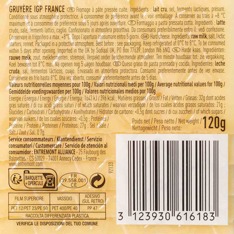 Queso Gruyère Francés Igp lonchas Entremont 120g 