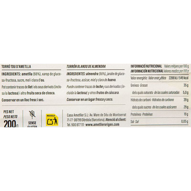Torró tou d'ametlla Ametller Origen 200g 