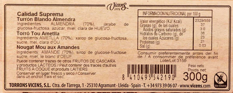 Torró tou d'ametlla Torrons Vicens 300g
