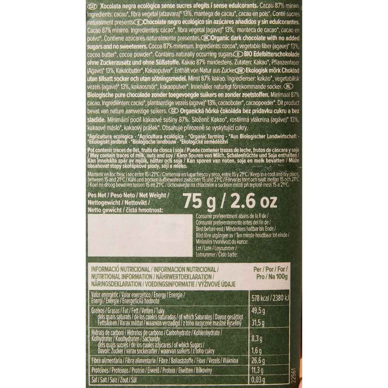Chocolate negro Nicaragua 87% sin azúcar ecológico Blanxart 75g 