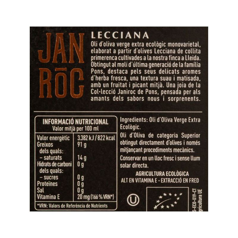 Oli d'oliva verge extra lecciana ecològic Janiroc 500ml 