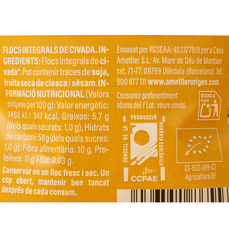 Flocs de civada mini ecològics Ametller Origen 450g 