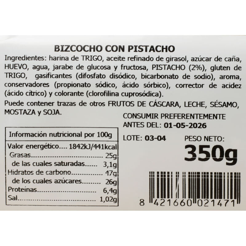 Bizcocho de pistacho La Granja 350g
