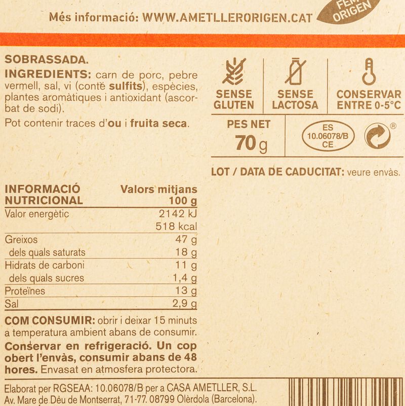 Sobrasada cortada Ametller Origen 70g 