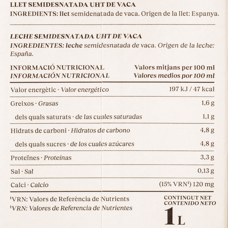 Llet semidesnatada A2 Llet Llet Ametller Origen 1l 