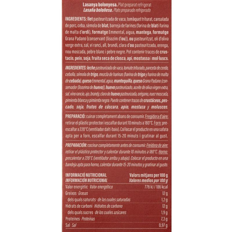 Lasaña boloñesa Nandu Jubany 350g - Ración Individual