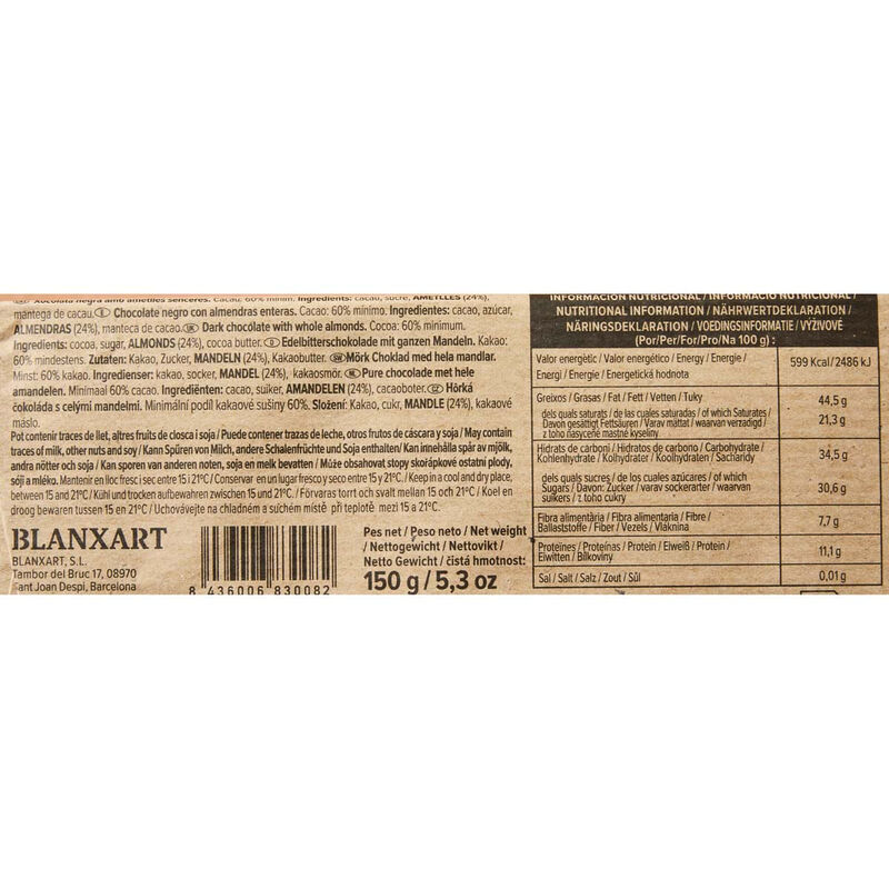 Chocolate 60% almendra marcona entera Blanxart 150g 