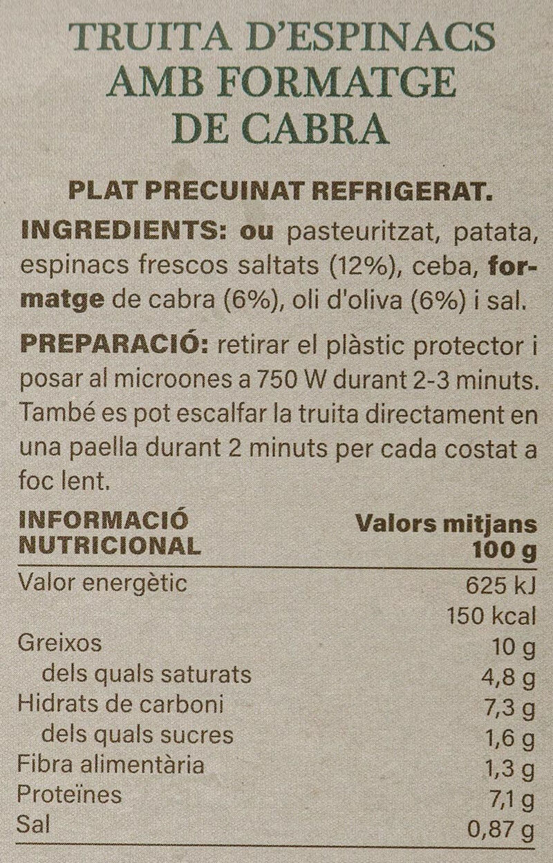 Truita d'espinacs amb formatge de cabra Ametller Origen 400g 