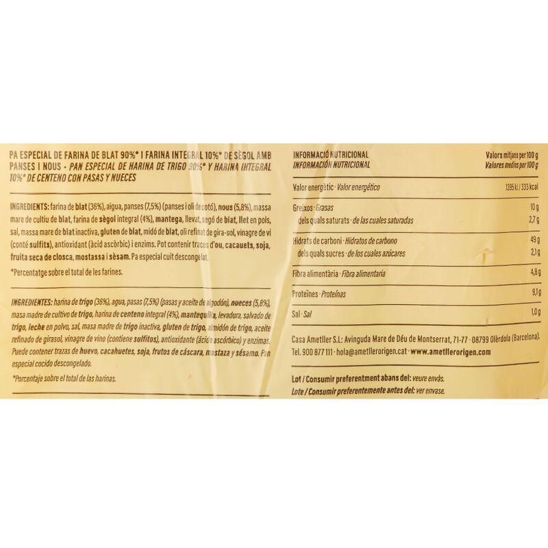 Hogaza pasas y nueces Ametller Origen 320g