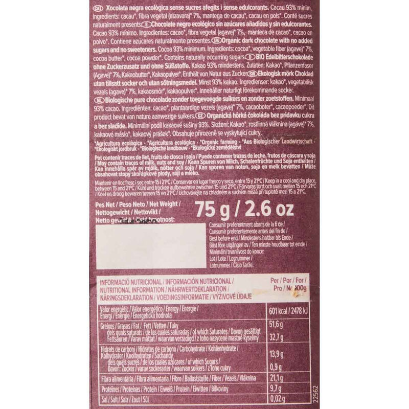 Chocolate negro Congo 93% sin azúcar ecológico Blanxart 75g