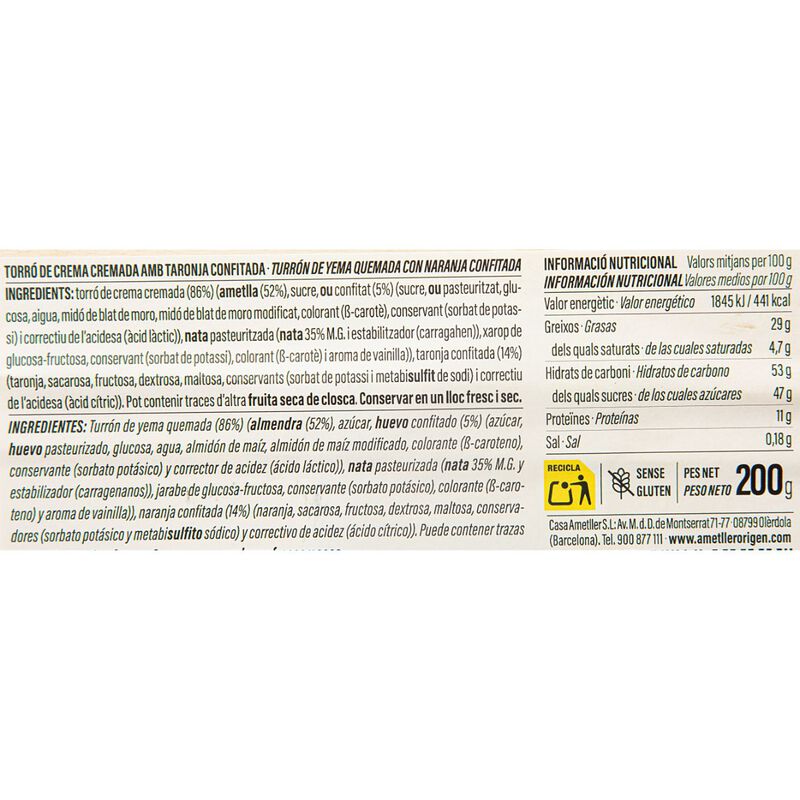 Torró de crema cremada i taronja Ametller Origen 200g 