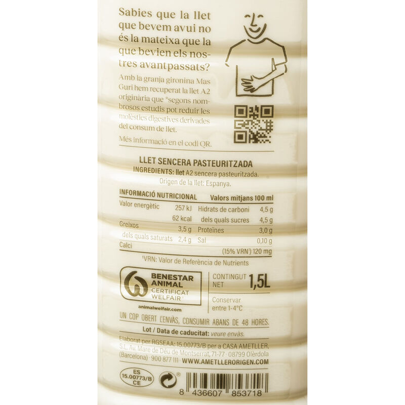 Leche fresca entera A2 Llet Llet 1,5L 