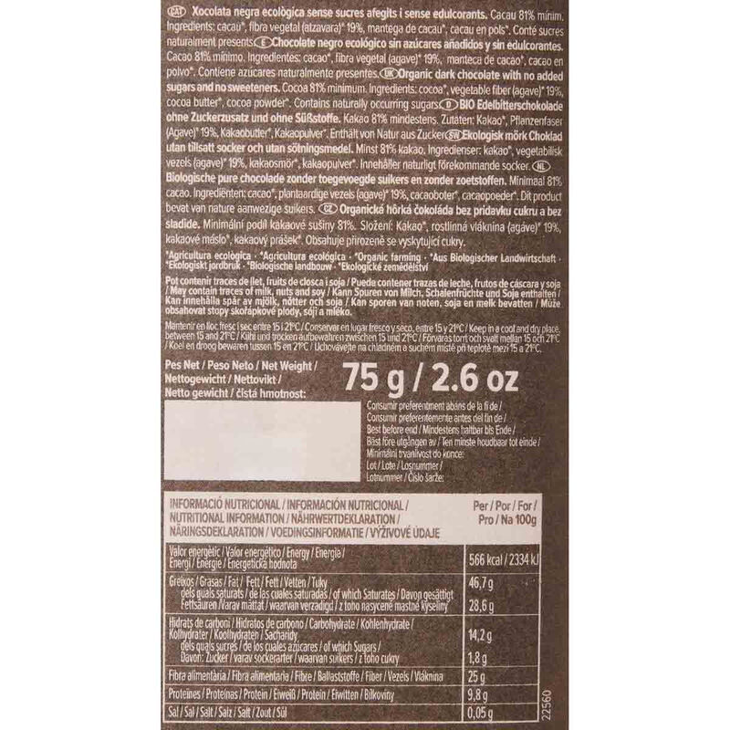 Xocolata negra Perú 81% sense sucre ecològica Blanxart 75g 