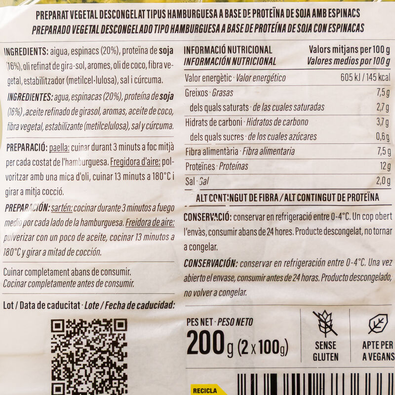 Burger vegetal sabor pollastre i espinacs Ametller Origen 200g 