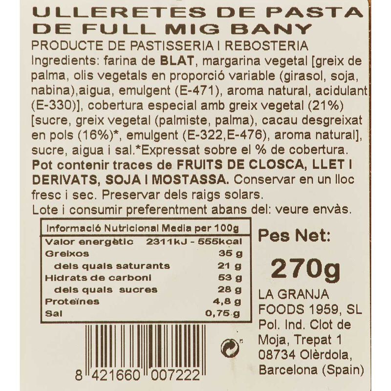 Palmeras medio bañandas en chocolate La Granja 270g 