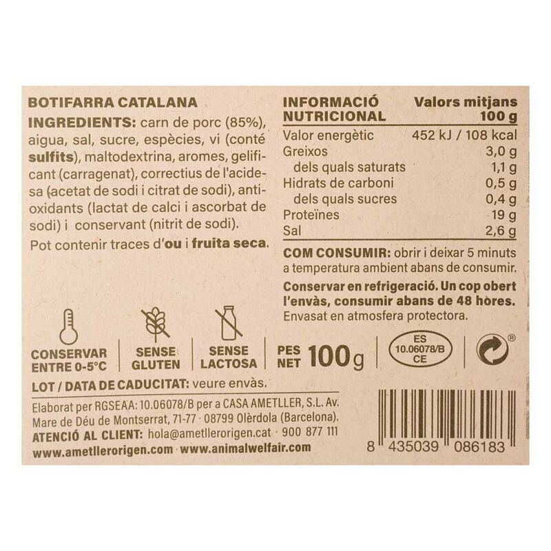 Butifarra catalana cortada al día Ametller Origen 100g