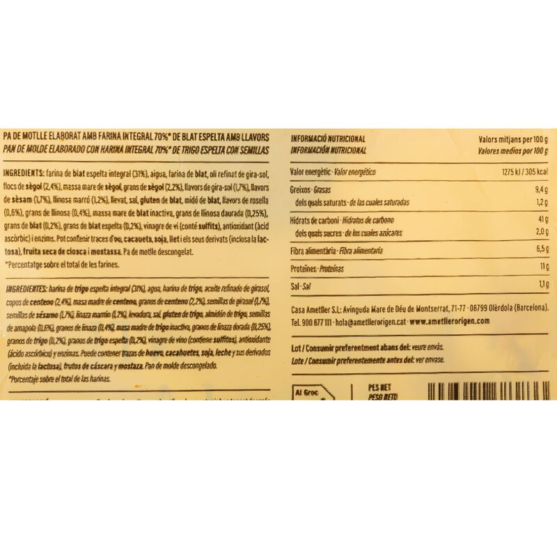 Pan de molde espelta integral 70% Ametller Origen 290g 