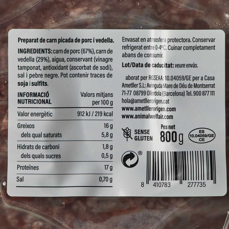 Preparat de carn de porc i vedella Ametller Origen 800g 