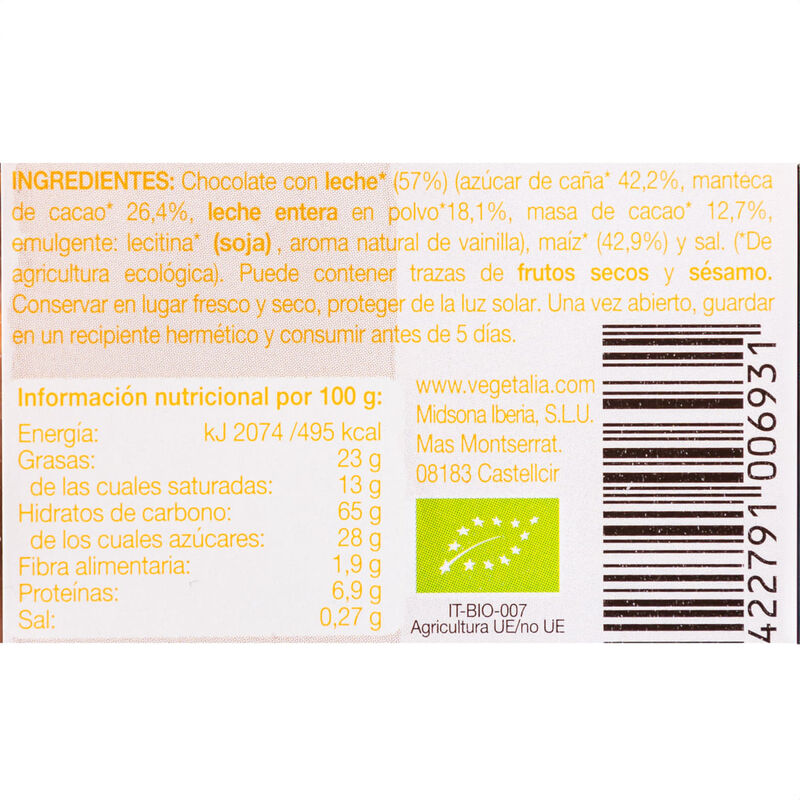 Coquetes blat de moro xocolata amb llet Vegetalia 95g 