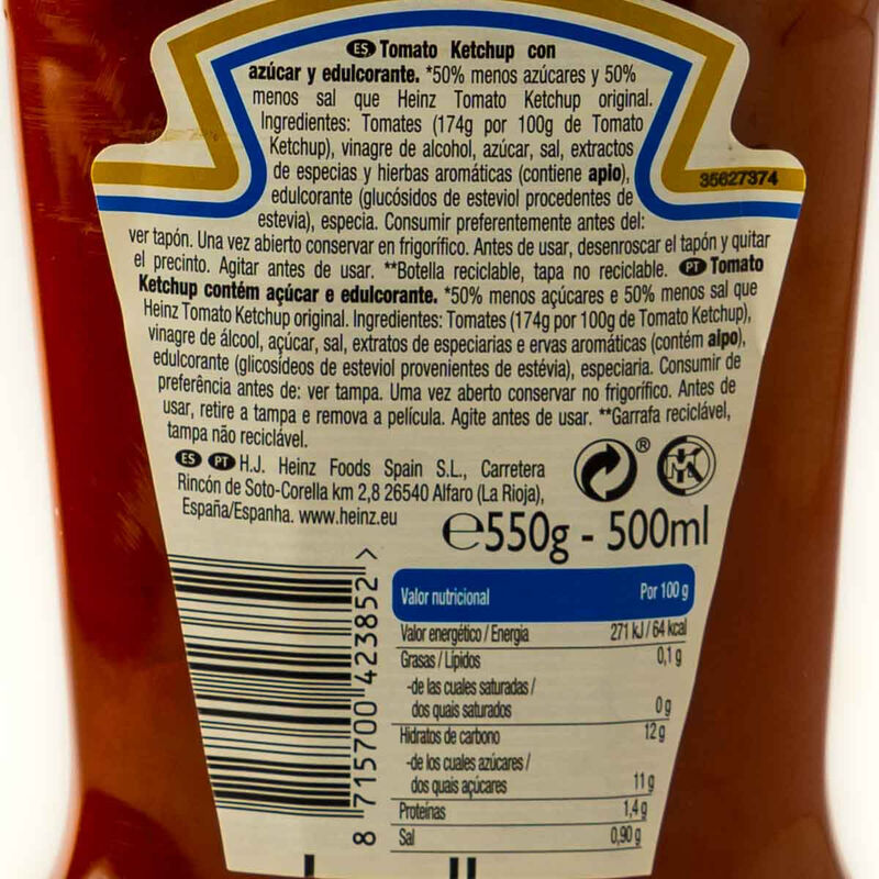 Quètxup 50% menys sucre i sal Heinz 500 g 