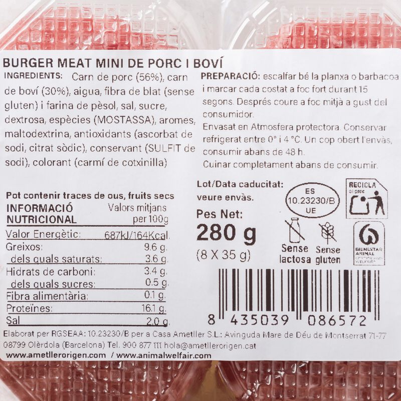 Mini burger de porc i boví Ametller Origen 35g - 8u. 