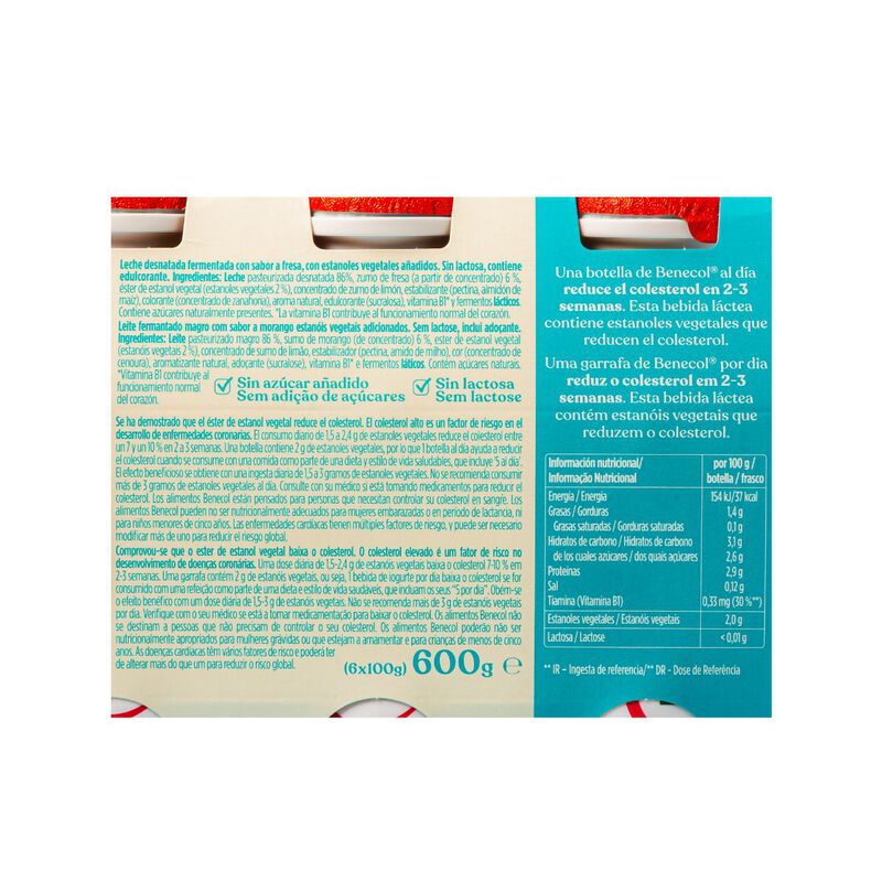 Yogur para beber de fresa Benecol 100g - 6uds. 
