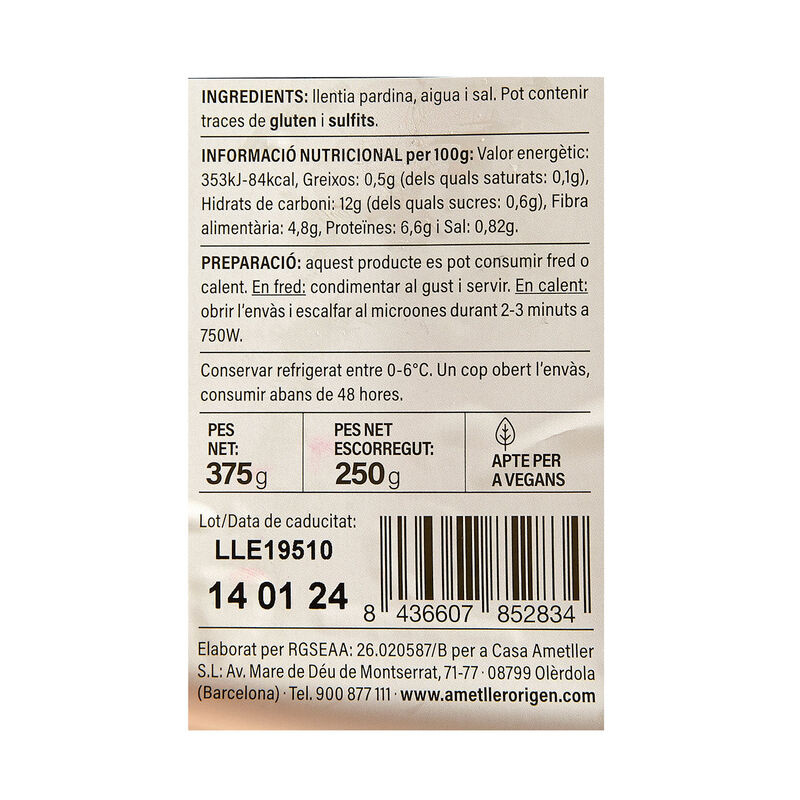 Lenteja cocida pardina Ametller Origen 250g 