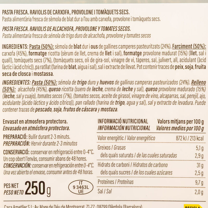 Ravioli de carxofa i provolone 250g