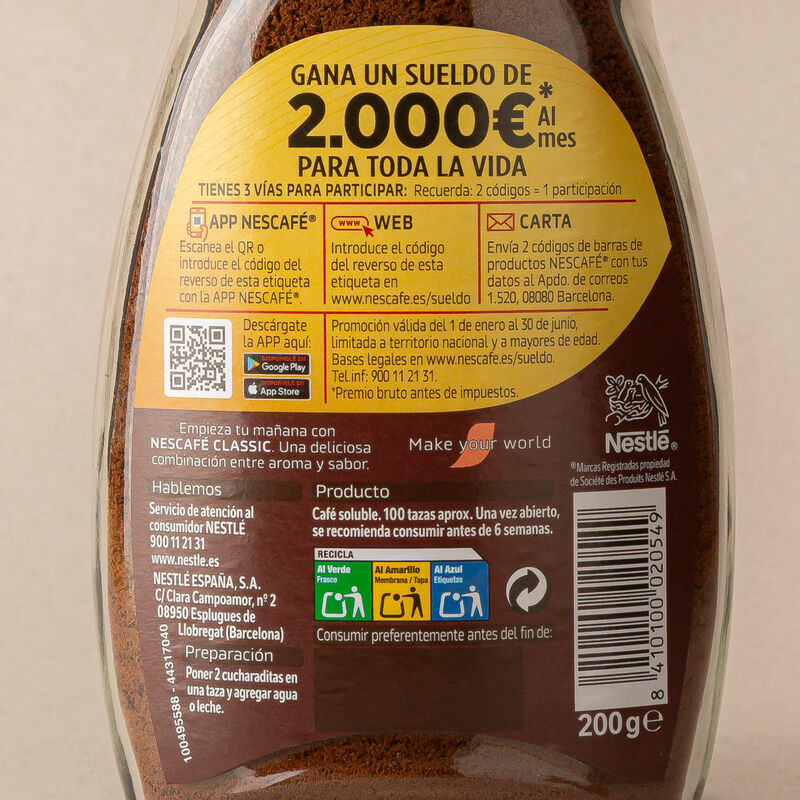 Cafè soluble clàssic natural Nescafé 200g 