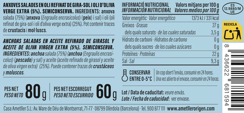 Anxova en oli d'oliva Ametller Origen 60g 