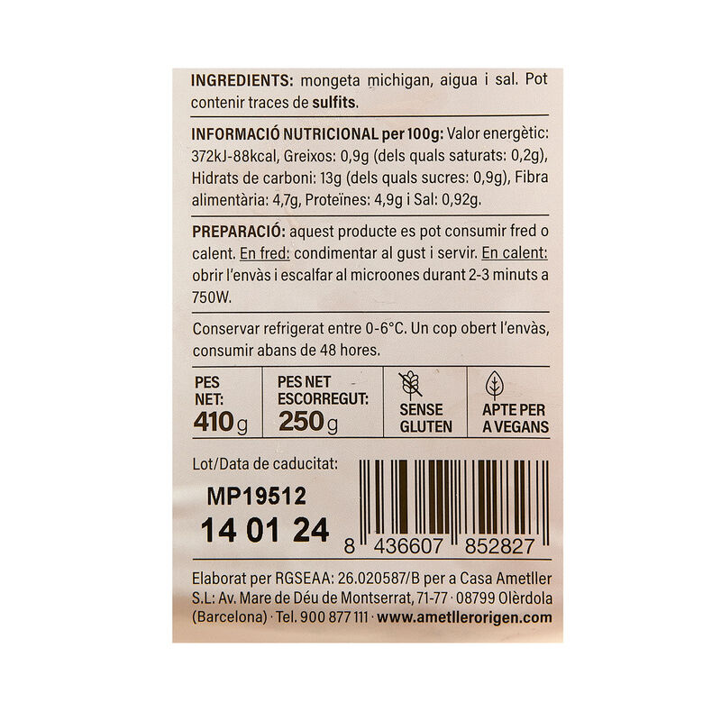 Alubia Michigan cocida Ametller Origen 250g 
