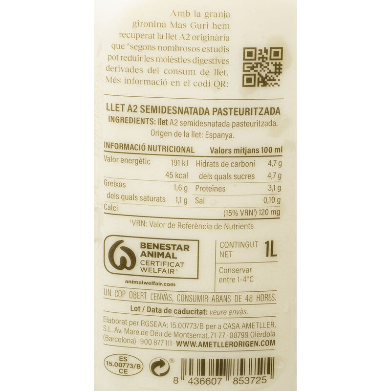Llet fresca semi desnatada A2 Llet Llet 1l 